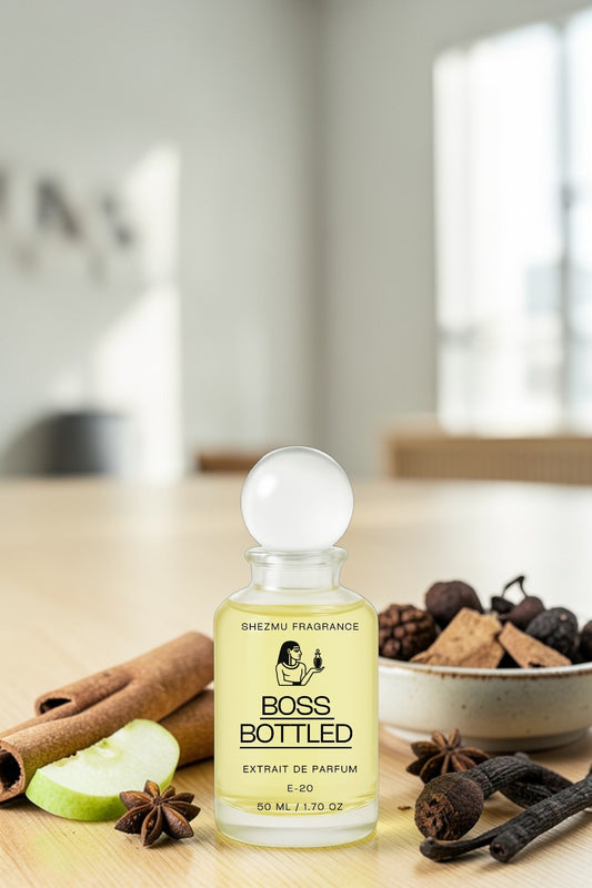 Shezmu Fragrance Boss Bottled Extrait de Parfum 50ml bottle with apple, cinnamon, star anise, vanilla, and wood notes.