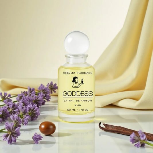 Shezmu Fragrance Goddess Extrait de Parfum 50ml bottle with lavender and vanilla bean accents.