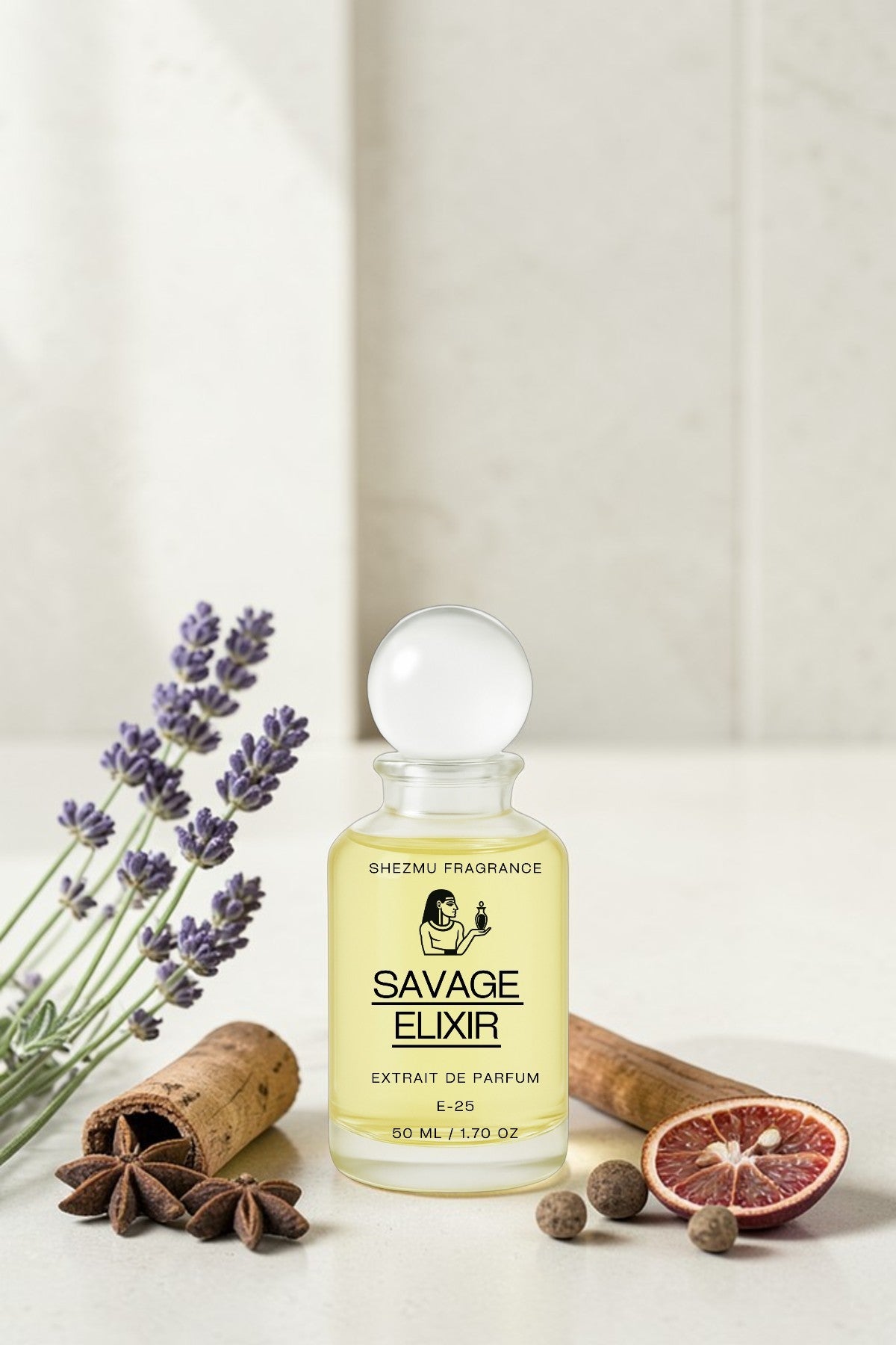 Shezmu Fragrance Savage Elixir Extrait De Parfum, a bold and sophisticated fragrance in a clear glass bottle with a white stopper, surrounded by lavender, star anise, and cinnamon.