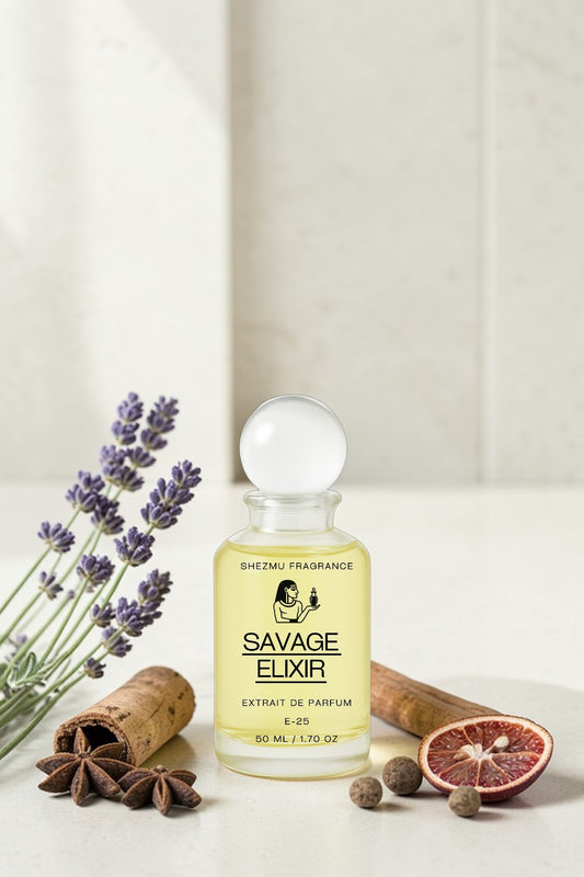 Shezmu Fragrance Savage Elixir Extrait De Parfum, a bold and sophisticated fragrance in a clear glass bottle with a white stopper, surrounded by lavender, star anise, and cinnamon.